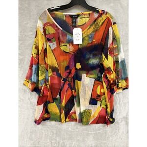 Ali Miles Top Women's 1X Art To Wear Mesh‎ Stretch Burnout Colorful Watercolor